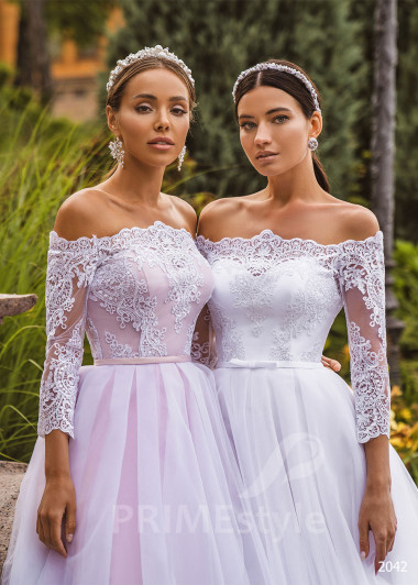 Tylové svadobné šaty so spadnutými ramienkami RC2042 | PRIMESTYLE.SK