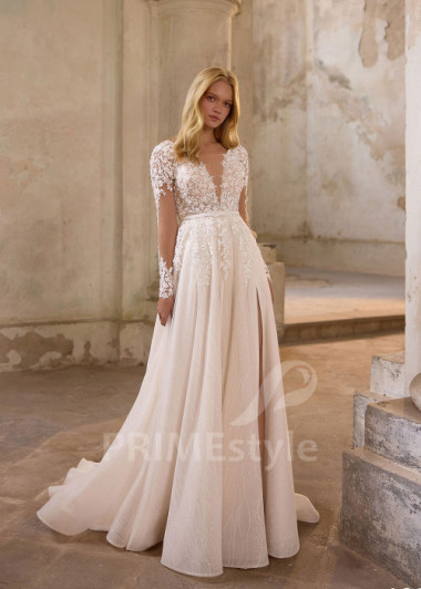Luxusné svadobné šaty s čipkovaným rukávom RS1250