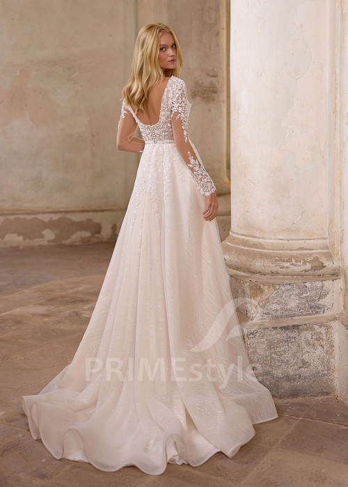 Luxusné svadobné šaty s čipkovaným rukávom RS1250