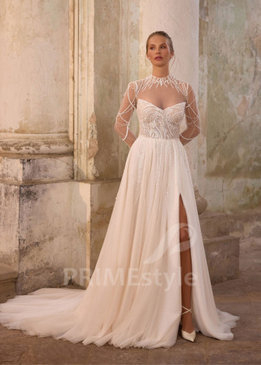 Exkluzívne tylové svadobné šaty s dlhým rukávom RS1259
