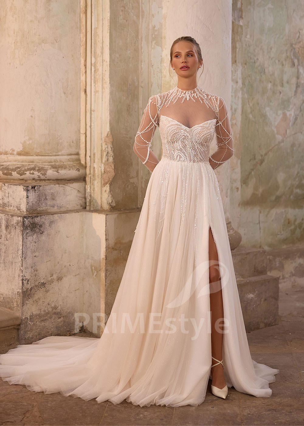 Exkluzívne tylové svadobné šaty s dlhým rukávom RS1259