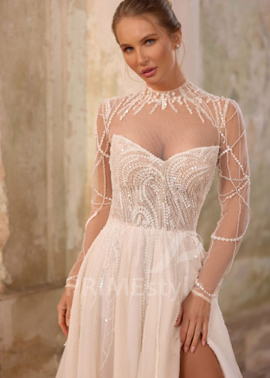 Exkluzívne tylové svadobné šaty s dlhým rukávom RS1259 | PRIMESTYLE.SK