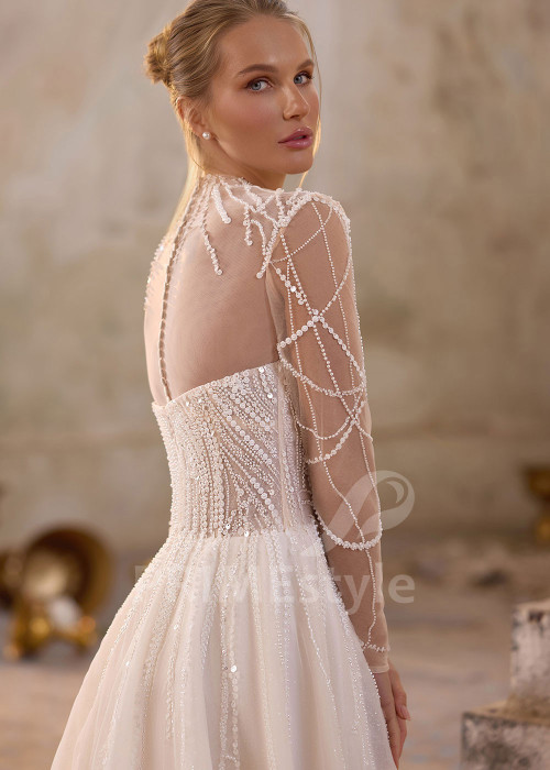 Exkluzívne tylové svadobné šaty s dlhým rukávom RS1259