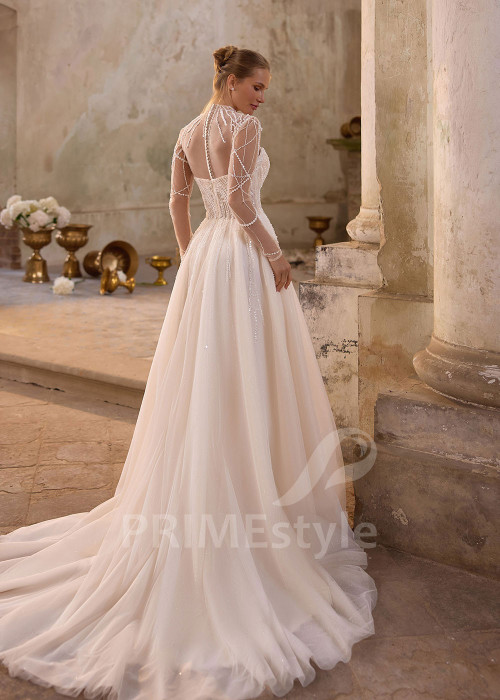 Exkluzívne tylové svadobné šaty s dlhým rukávom RS1259