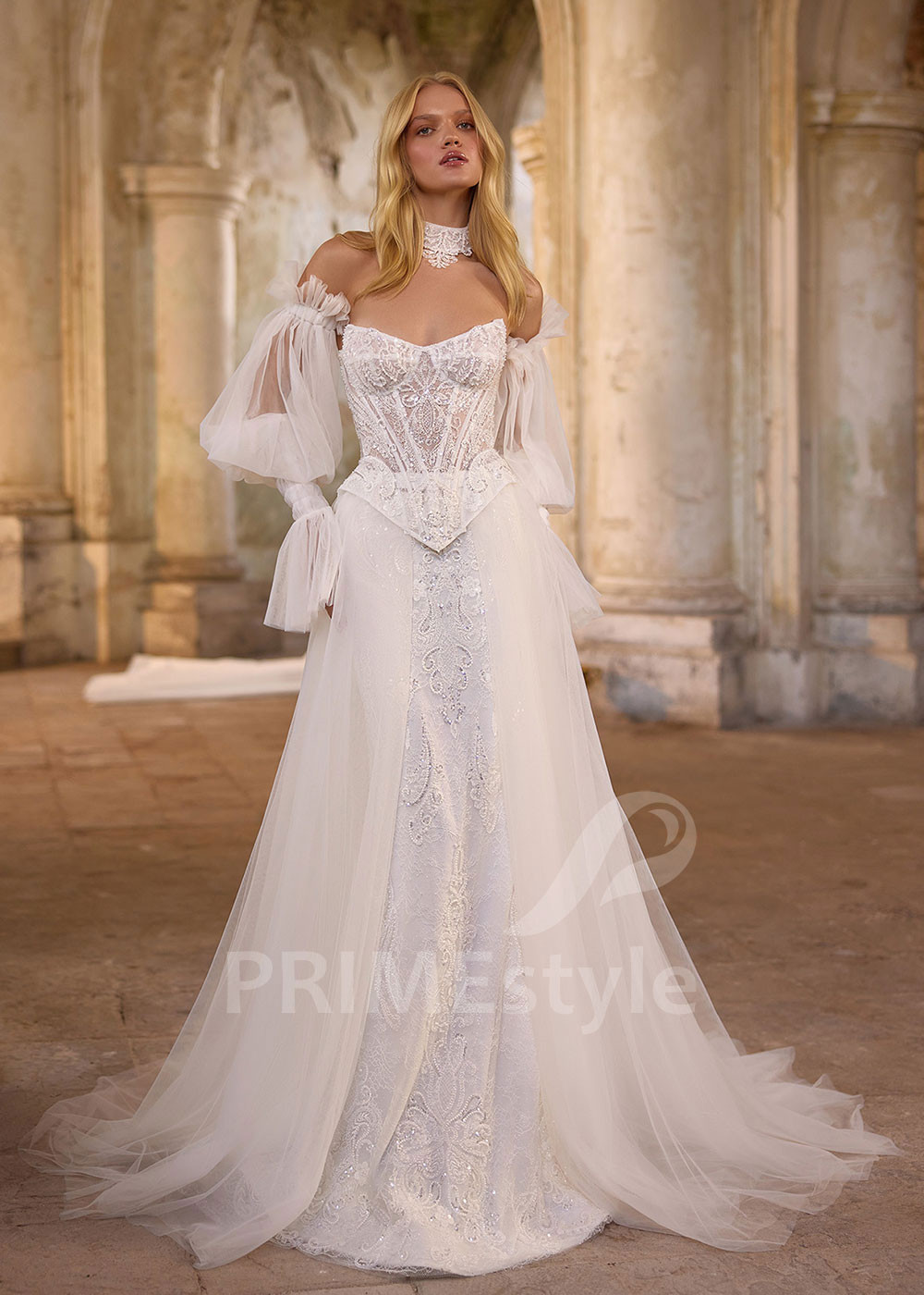 Luxusné tylové svadobné šaty s odopínateľnou vlečkou RS1262