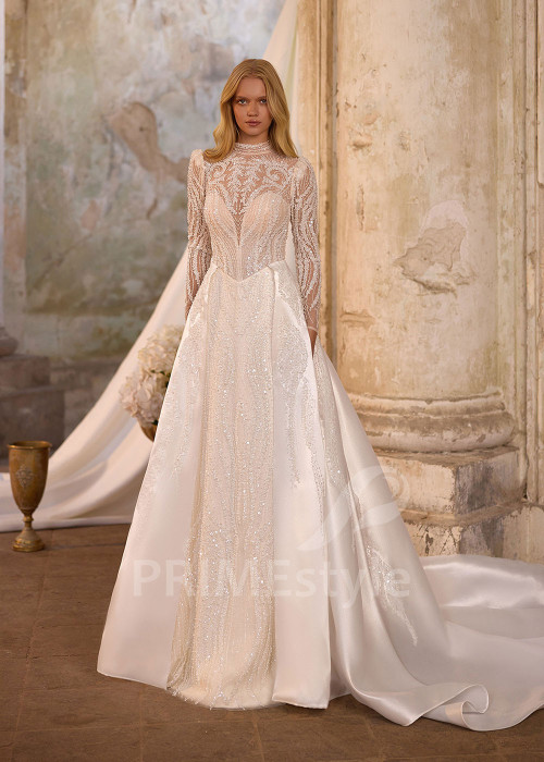 Luxusné svadobné šaty s odopínateľnou saténovou vlečkou RS1264