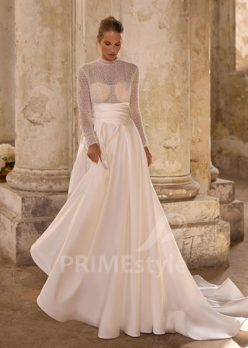 Moderné svadobné šaty s prekrytým dekoltom RS1268