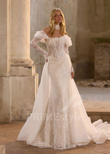 Moderné svadobné šaty s odopínateľnou tylovou vlečkou RS1270 | PRIMESTYLE.SK