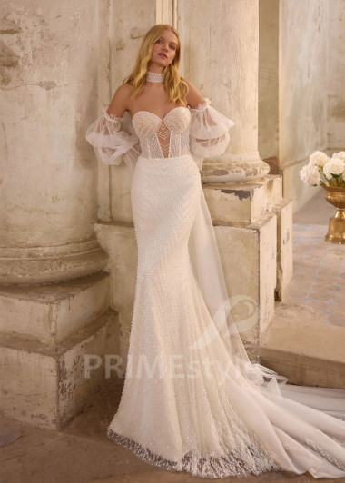 Extravagantné svadobné šaty so samostatnými rukávmi RS1272