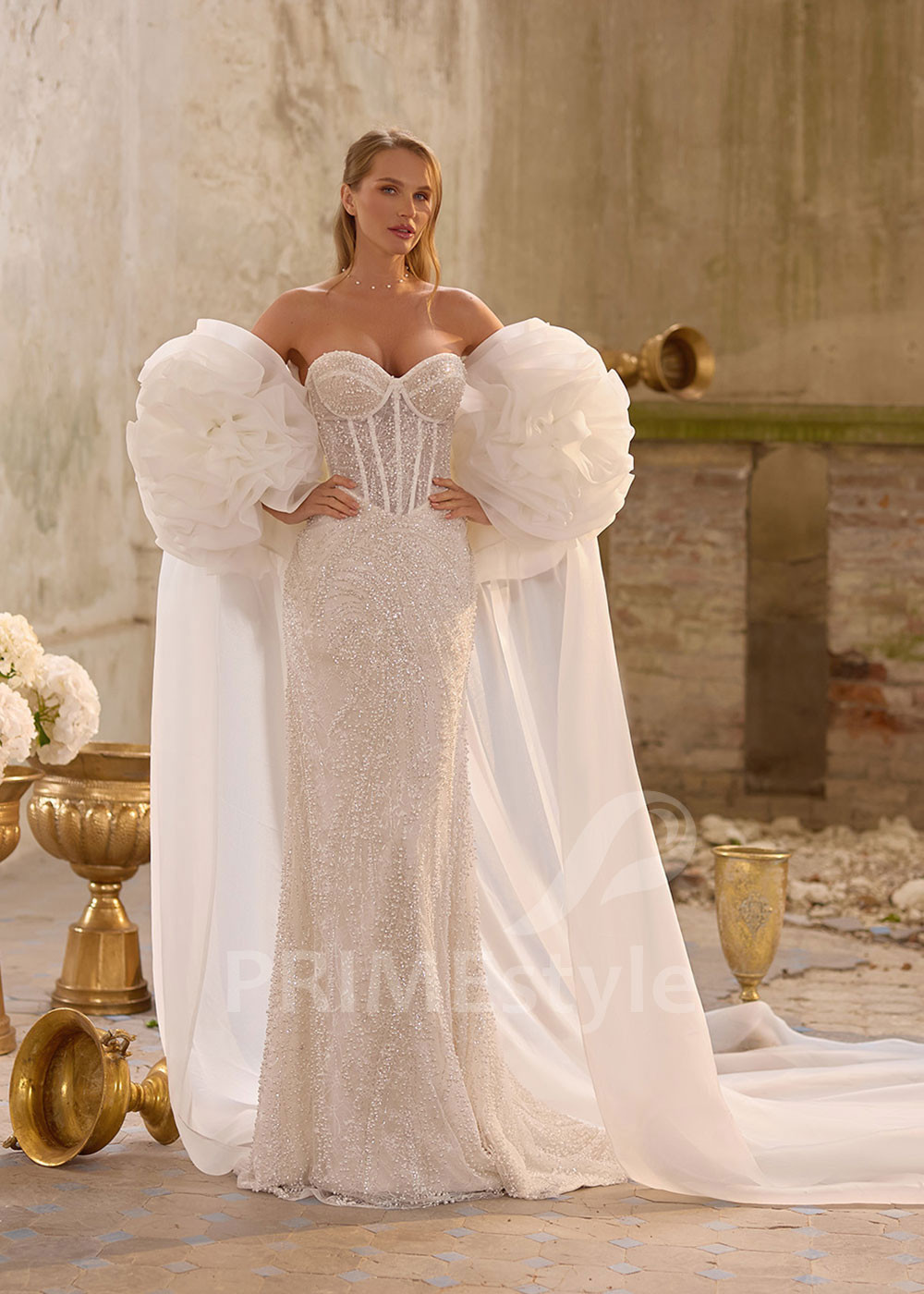 Glamour svadobné šaty s tylovým plášťom RS1273