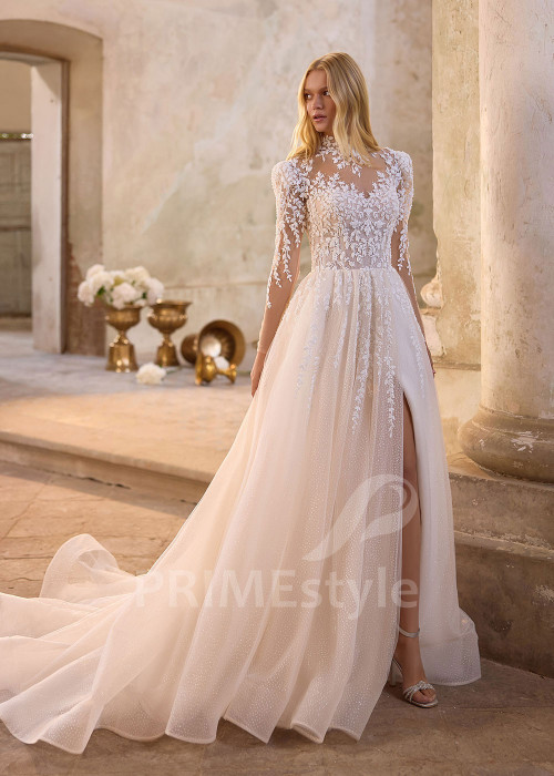 Luxusné svadobné šaty s čipkovaným rukávom RS1274