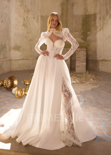 Extravagantné dvojdielne svadobné šaty s čipkovaným bolerkom RS1275