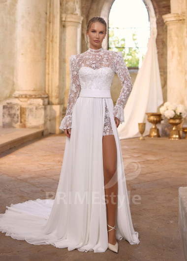 Romantické svadobné šaty s čipkovaným rukávom RS1277