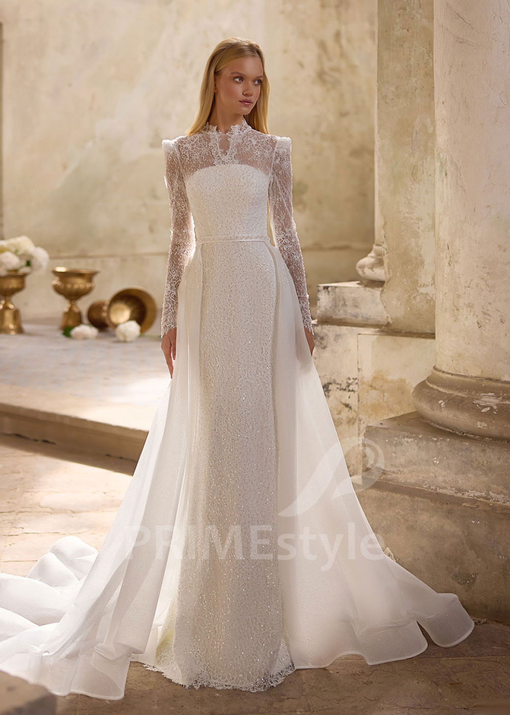 Elegantné svadobné šaty s odopínateľnou tylovou vlečkou RS1281