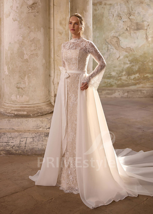 Celočipkované svadobné šaty s odopínateľnou tylovou vlečkou RS1286