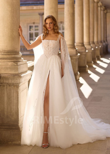 Trendové svadobné šaty s prehozovým rukávom RC3010