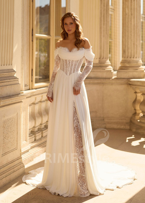 Luxusné svadobné šaty s čipkovaným rukávom RC3012