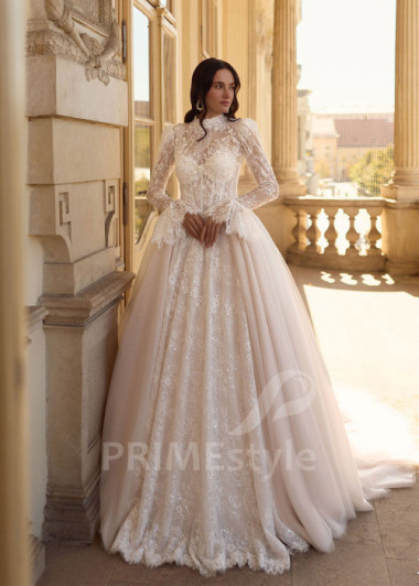 Luxusné svadobné šaty s čipkovaným rukávom RC3020