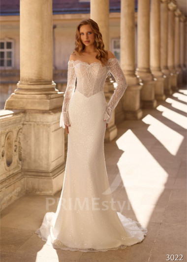 Trblietavé svadobné šaty s dlhým rukávom RC3022