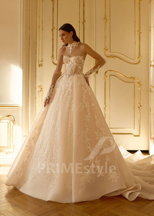 Celočipkované svadobné šaty so samostatnými rukávmi RC3027