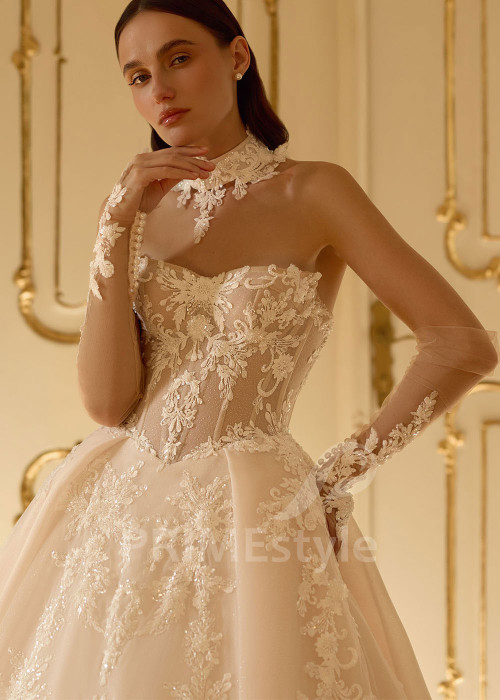 Celočipkované svadobné šaty so samostatnými rukávmi RC3027