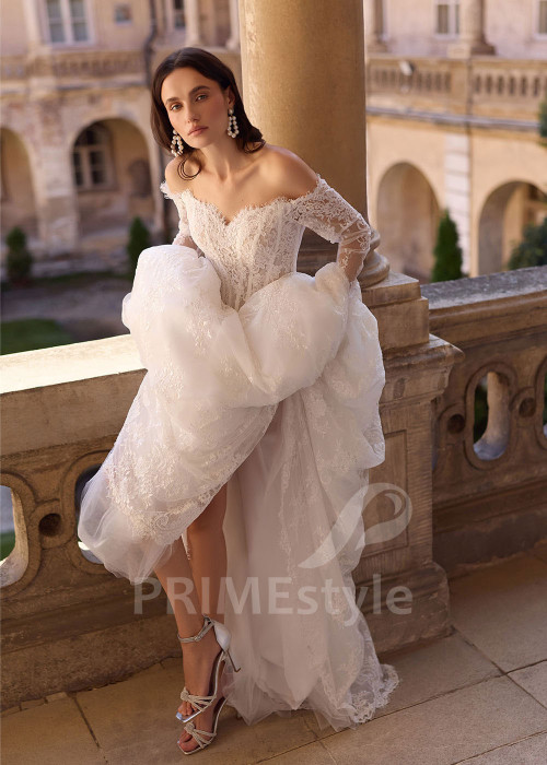 Luxusné celočipkované svadobné šaty s dlhým rukávom RC3030