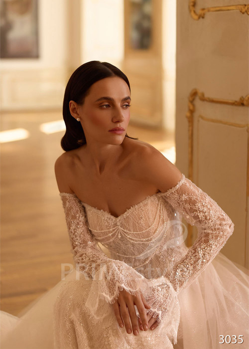 Extravagantné celočipkované svadobné šaty s odopínateľnou tylovou vlečkou RC3035