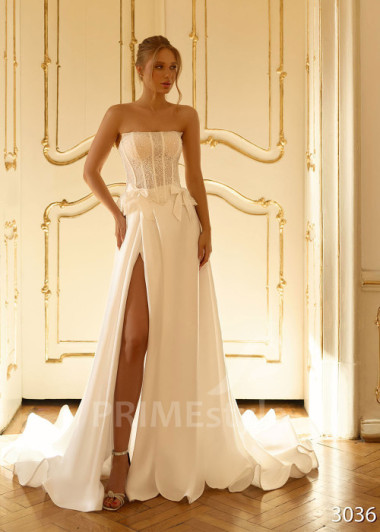 Trendové svadobné šaty s elegantnou saténovou sukňou a rozparkom RC3036