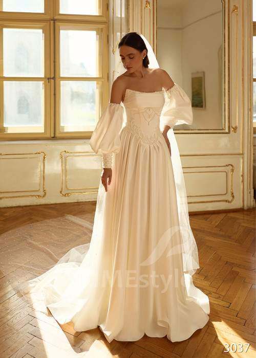 Exkluzívne saténové svadobné šaty so samostatnými balónovými rukávmi RC3037