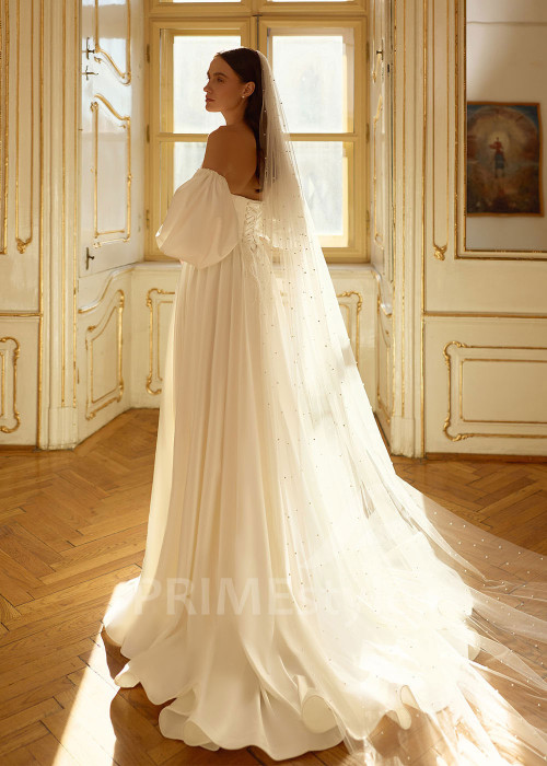 Exkluzívne saténové svadobné šaty so samostatnými balónovými rukávmi RC3037