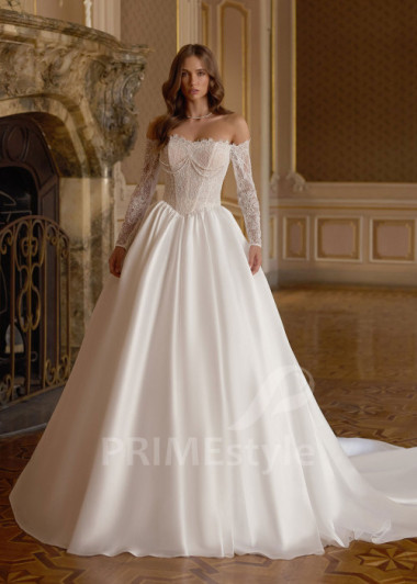 Princeznovské svadobné šaty s dlhým čipkovaným rukávom Audrie
