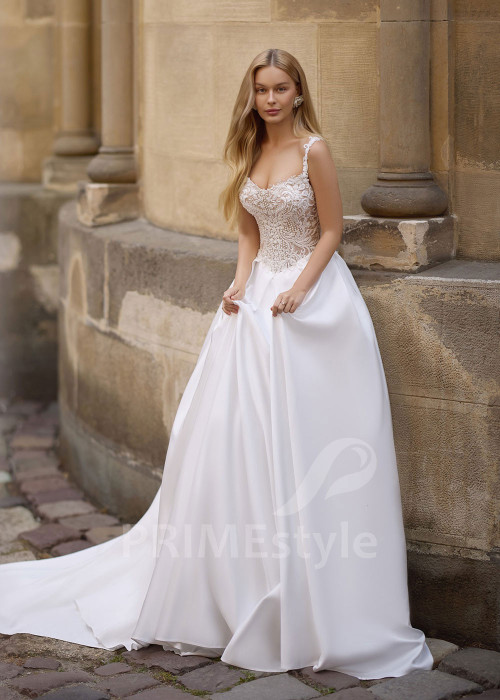 Trendové svadobné šaty s elegantnou saténovou sukňou Deborah