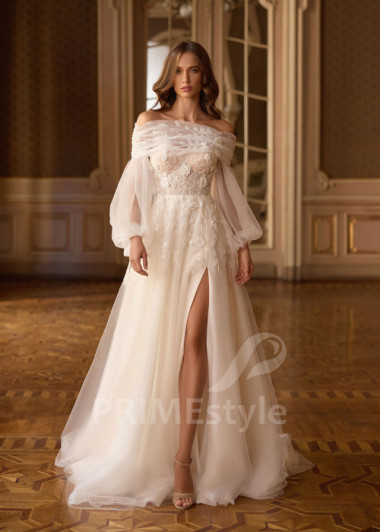 Romantické svadobné šaty s dlhým tylovým rukávom Gia