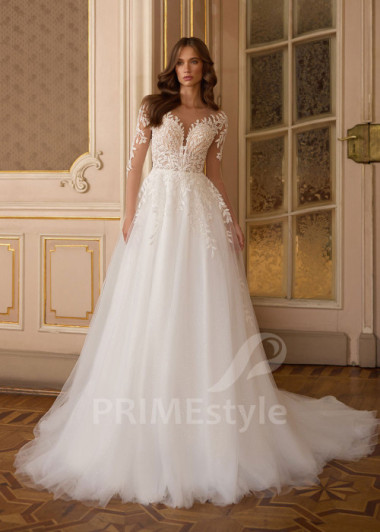 Tylové svadobné šaty s dlhým čipkovaným rukávom Josie