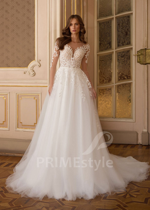 Tylové svadobné šaty s dlhým čipkovaným rukávom Josie