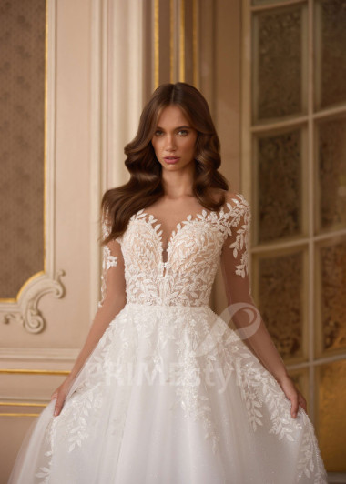 Tylové svadobné šaty s dlhým čipkovaným rukávom Josie | PRIMESTYLE.SK