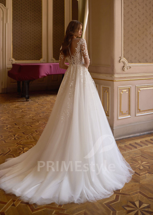 Tylové svadobné šaty s dlhým čipkovaným rukávom Josie