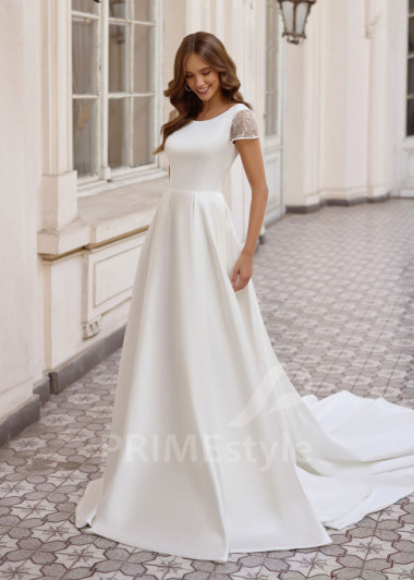 Minimalistické svadobné šaty s krátkym rukávom Sharon