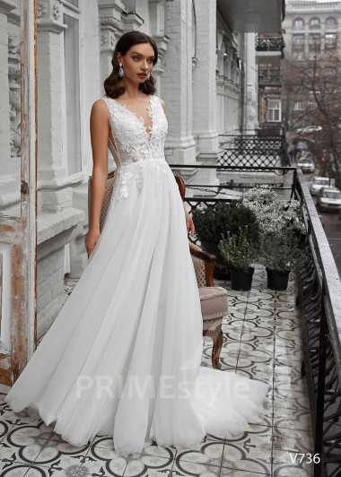 Jednoduché čipkované svadobné šaty RS736