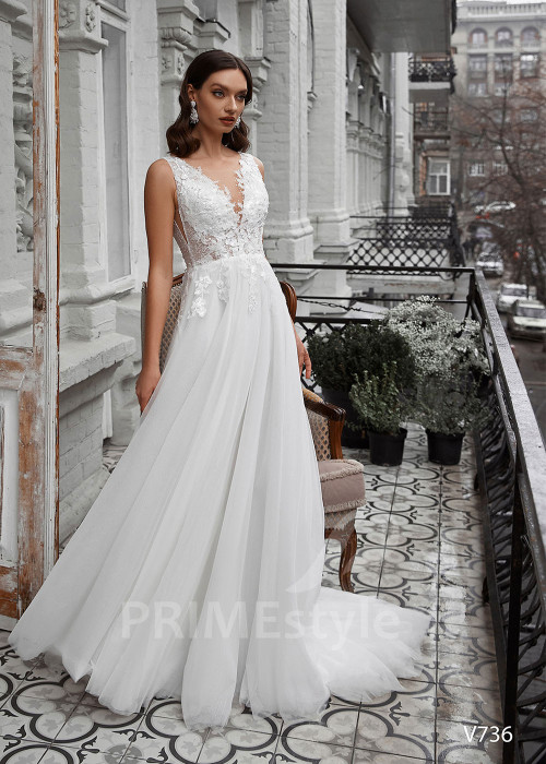 Jednoduché čipkované svadobné šaty RS736