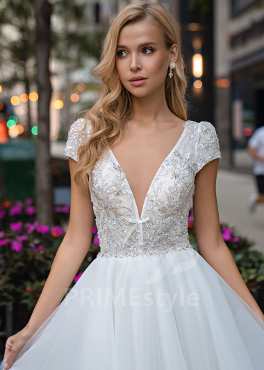 Luxusné čipkované svadobné šaty EMS130 - primestyle.sk