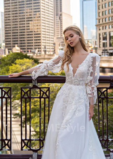 Exkluzívne kvetované svadobné šaty EMS132 - primestyle.sk