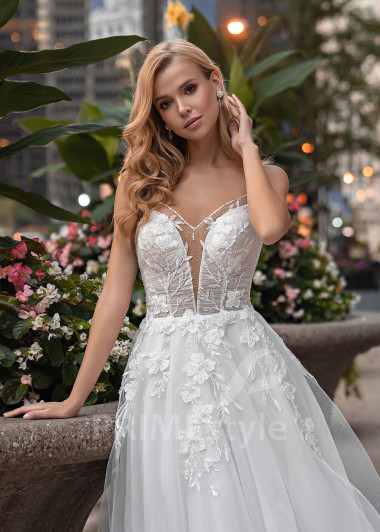 Elegantné kvetované svadobné šaty EMS133 - primestyle.sk