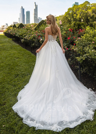 Jednoduché čipkované svadobné šaty EMS134 - primestyle.sk