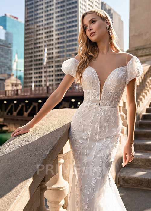 Extravagantné celočipkované svadobné šaty EMS137