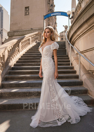 Extravagantné celočipkované svadobné šaty EMS137 - primestyle.sk