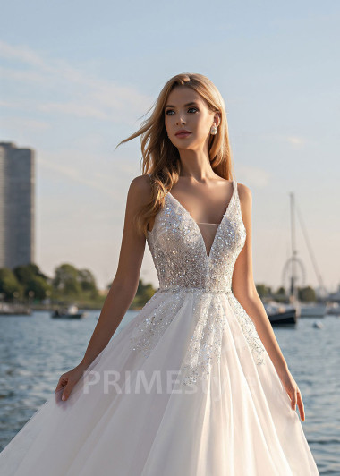 Luxusné trblietavé svadobné šaty EMS142 - primestyle.sk