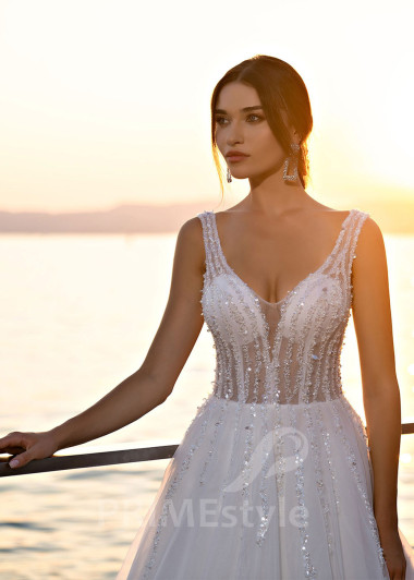 Jednoduché trblietavé svadobné šaty RS516 - primestyle.sk