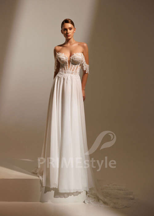 Svadobné šaty Magnolia so spadnutými ramienkami a čipkovým korzetom