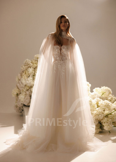 Tylové svadobné šaty May s čipkovaným živôtikom a tylovým plášťom